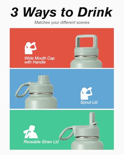 Coolflask 24 oz Insulated Water Bottle with Straw & 3 Leakproof Lids - color: Grey Green, size: 24 Ounces