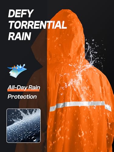 Mens Long Hooded Safety Rain Jacket Waterproof Emergency Raincoat Poncho - color: Orange, size: XX-Large