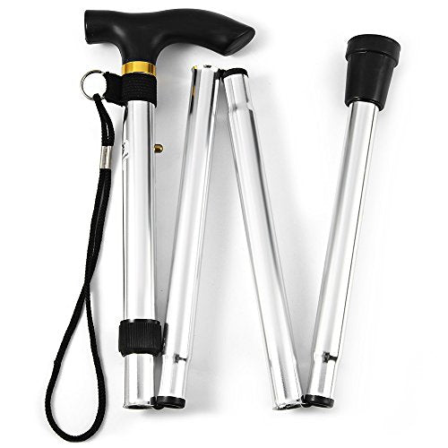 Folding Lightweight Walking Stick - Adjustable Aluminum Metal Collapsible Travel Cane with Non-Slip Rubber Base - color: Silver