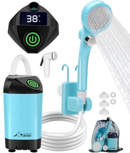 WADEO Portable Shower for Camping, Outdoor Electric Shower Rechargeable Pump with Intelligent Digital Display, Camping Shower Head Nozzle for Camping, Hiking, Traveling, Washing