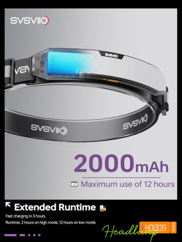 svsviio K0209 1500 Lumen Rechargeable Headlamp,230° Wide Beam Super Bright LED Head Lamp,4 Modes,Red Light,IPX5,Head Lights for Forehead,Hard Hat Light for Adults Camping,Hiking,Mechanic - size: 1 Pack
