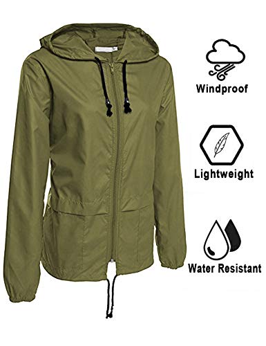 Avoogue Raincoat Women Lightweight Waterproof Rain Jackets Packable Outdoor Hooded Windbreaker - color: Army Green, size: Medium
