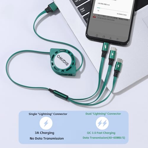 SIQIWO Retractable Multi USB C Charging Cable, 3 in 1 Fast Charging Cord | QC 3.0 Data Sync Fast Charging, Phone Charger Cord ,Travel Car Charger for iPhone17/ Samsung/ MacBook/ Switch - 3.3Ft/ 2 Pack - color: Green