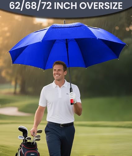 62/68/72 Inch Large Golf Umbrella Windproof Waterproof Auto Open | Oversized Double Canopy Vented, 210T Waterproof Pongee Fabric, Light Fiberglass Frame, Unique Red Foam Handle - color: Royal Blue-Red Handle, size: 62"