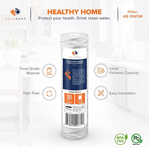 Aquaboon Whole House 5 Micron 10 x 2.5 String Wound Sediment Water Filter Cartridge Replacement Compatible with Well Water Filter WHKF-WHSW, 6-Pack - size: 6 Count (Pack Of 1)