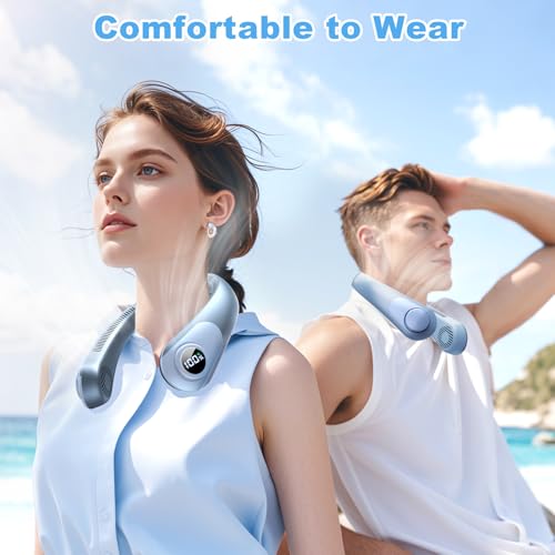 Portable Neck Fan that Blow Cold Air, LED Display, Rechargeable Hands-Free Wearable Cooling Personal Fan, 5 Speed, Neck Support, Bladeless Neck Air Conditioner, Gifts for Women/Men, Hot Flashes - color: Light Blue