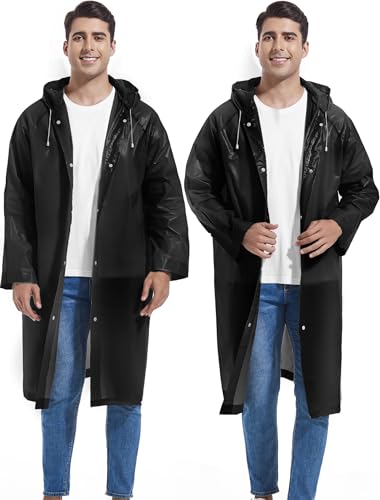 2-Pack Reusable Rain Ponchos for Adults, HOOMBOOM Raincoats Emergency for Women/Men with Drawstring and Sleeves - color: Black