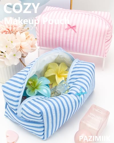 PAZIMIIK Cozy Makeup Bag for Women,Zipper Cosmetic Pouch,Stripe Lake Blue - color: Stripe Lake Blue