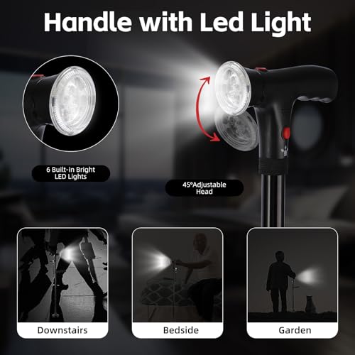 Walking Stick，Walking Canes for Women & Men，Folding Cane with Led Light and Alarm, with Side Handle, Collapsible Cane Lightweight, Free Self Standing Foldable Stick for Seniors & Adults