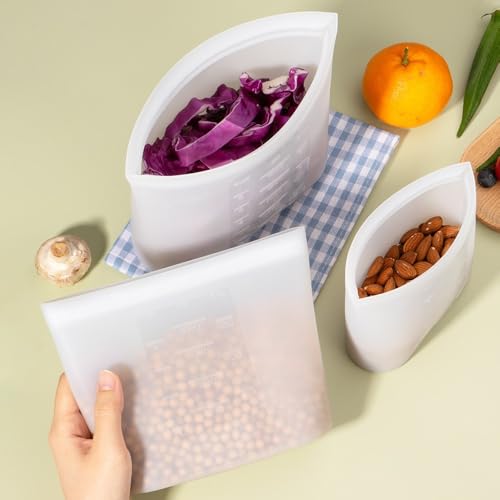 Large Reusable Food Bags 4 Pack, 1.5 Quart(50.7fl.oz) 100% Silicone Storage Bags Stand Up Zip Silicone Food Container, Freezer Microwave Oven Dishwasher Safe, Translucent - color: Translucent | Medium | 4 Pack