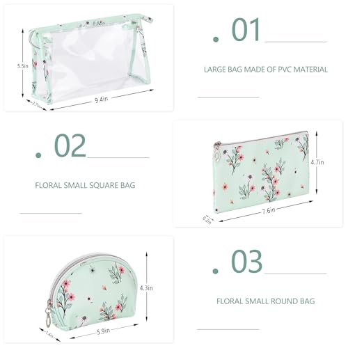 Richeart Makeup Bag, Clear Bag with Zipper, 3PC Floral Flowers Makeup Pouch, Waterproof Small Pouch, Portable Travel Toiletry Bag, B - style: B