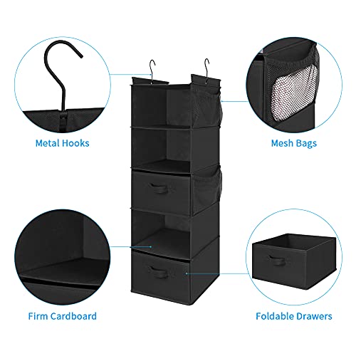MAX Houser 5-Shelf Hanging Closet Organizer with 2 Drawers, Black-D2 | Foldable Fabric Hanging Shelves for Closet, Cloth Hanging Shelves with 2 sturdy hanging hooks, Small Space Saver - color: Black-d2