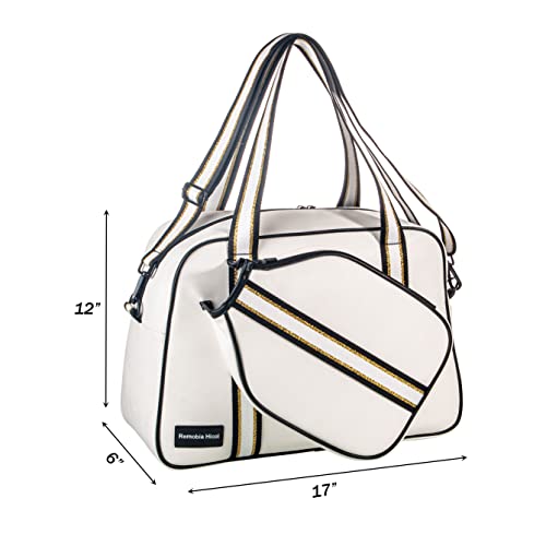 PU Leather Women Sports Shoulder Gym Bag Pickleball Duffle Bag Pickleball Tote Bag with Front Pocket for 2 Paddles, Inner Storage Pockets, Mesh Water Bottle Holder and Adjustable Shoulder Strap - color: White