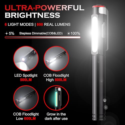 Favourlite Rechargeable Pen Light with Magnetic Clip | 800 Lumens LED Pen Flashlight，6 Modes COB Work Light , Dimmable Pocket Flashlight for Mechanic & Car Repair - size: 5.39in