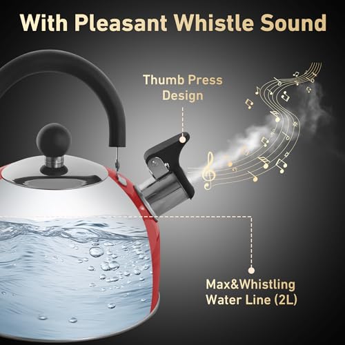 Lily's Home 2 Quart Stainless Steel Whistling Tea Kettle, the Perfect Stovetop Tea and Water Boilers for Your Home, Dorm, Condo or Apartment. Red - color: Red(2 Quarts)