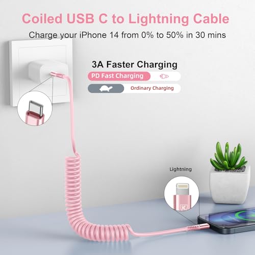 USB C to Lightning Cable 3FT for Car, Coiled iPhone Charger Fast Charging | Short USBC Lightning Cable iPhone Cord for iPhone14/13/12/11 Pro Max/Plus/iPad/CarPlay - 2Pack Pink - color: Pink, size: 3FT, style: Usb C to Lightning