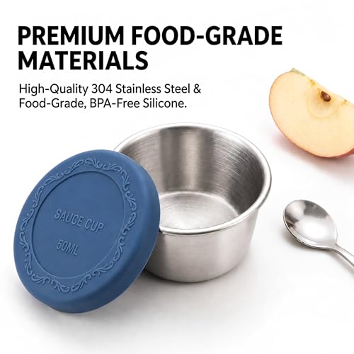 1.6 oz Salad Dressing Containers with Lids Set of 6 - Leakproof Reusable Stainless Steel Condiment Containers Small Sauce Cups with Silicone Lids for Lunch Boxes Picnics Travel Meal Prep - size: 1.6oz