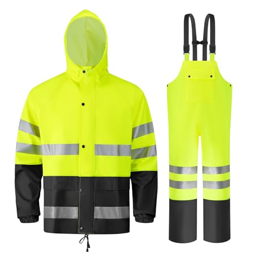 Rain Suits for Men Waterproof Heavy Duty,Reflective Rain Gear Jacket and Bib Overalls for Outdoor Fishing Construction - color: Yellow, size: 3X-Large