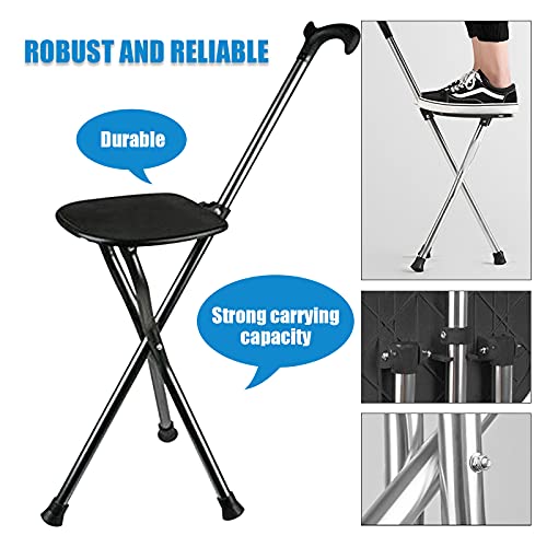 Yayayo Hold 440 lbs Folding Canes with Seat Walking Stick Height Adjustment Cane Seat Capacity Frosted Handle with Magnetic Therapy Stone Crutches Stool - color: Square Black