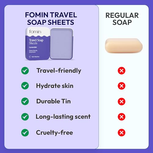 FOMIN - Paper Soap Sheets for Traveling - 100 Lavender Portable Camping Soap Sheets for Travel in Tin - Dissolvable Mini Portable Travel Soap Sheet for Hand Washing - color: Lavender