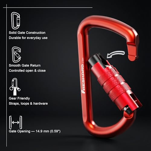 FresKaro 3inch 12kN-2698lbs Auto Locking Carabiner Clips, Solid D Shape, Heavy Duty 7075 Aluminum, Lightweight 1.09oz, Rust Proof, for Hammock, Hiking, Dog Leash, Keychain etc., Multi-Colors - color: Red-3pcs