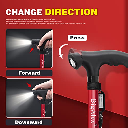 BigAlex Folding Walking Cane with LED Light,Pivoting Quad Base,Adjustable Walking Stick with Carrying Bag for Man/Woman (Alloy Base) - color: Red(30"-35")