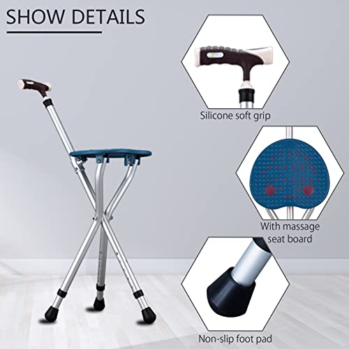 Yayayo Hold 440 lbs Folding Canes with Seat Walking Stick Height Adjustment Cane Seat Capacity Frosted Handle with Magnetic Therapy Stone Crutches Stool - color: Blue