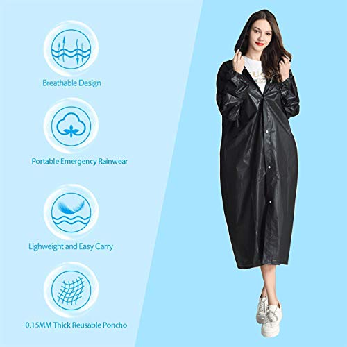 HLKZONE Raincoat, 2 Pack Rain Ponchos for Adults Travel Rain Jacket Packable Rain Coats for Women with Drawstring Hood - color: B-black