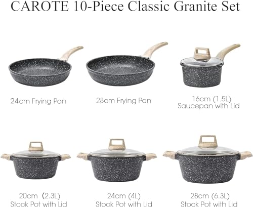 Carote Nonstick Granite Cookware Sets 8 Pcs Stone Cookware Set,non stick frying pan set, pots and pans set (Granite, induction cookware) - color: Classic Black, size: 10 Piece