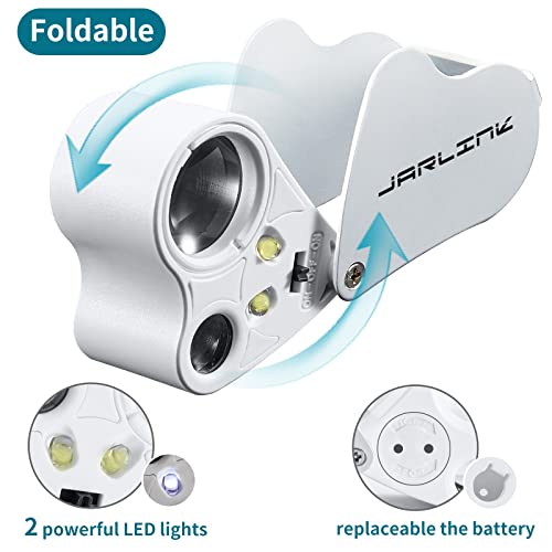 JARLINK 2 Pack 30X 60X 90X Illuminated Jewelers Loupe | Foldable Magnifier with LED & UV Light, for Gems, Diamonds, Coins and Stamps Identification - color: White