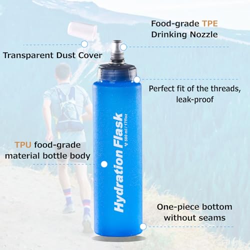 Azarxis TPU Soft Flask Collapsible Water Bottles BPA-Free 250ml 350ml 500ml for Hydration Vest Pack Running Hiking Cycling Climbing - color: Blue 500ml / 16.9oz - 2 Pack