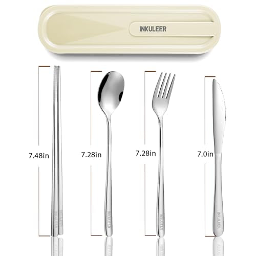 iNKULEER Travel cutlery set, 18/8 stainless steel cutlery, Reusable utensils set with case, Portable Silverware Lunch Box for Camping and Office-Stainless steel - color: White