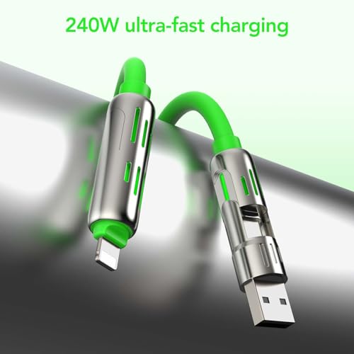 MFish 240W 4-in-1 Fast Charging Cable, Green, 6.6FT | Carrying Case, USB-A & USB-C to USB-C/Lightning, For iPhone 17/16/15/14, MacBook, iPad, Laptop, Samsung S25/S24 - color: Green, size: 6.6Ft