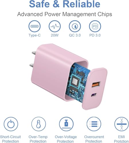 USB C Charger Block, iPhone 16/15 Charger Block [3 Pack] 20W Dual Port QC+PD 3.0 Power Adapter Multiport USB A Fast Charging Plug for Apple iPhone 16/16 Pro/16 Pro Max/16 Plus/15/14/13/12/11/iPad-Pink - color: Pink