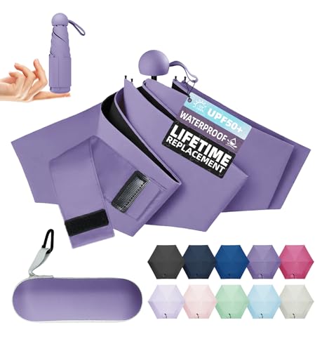 Travel Size Mini Umbrella with UPF 100+ UV Rain Protection, Compact Small & Lightweight Pocket-Sized Folding Umbrellas with Case for Purse & Backpack, Thoughtful Gift Women Men & Kids - color: Grape