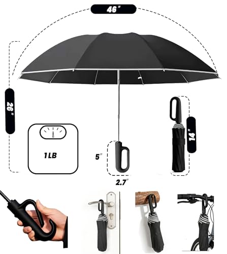 SIEPASA Travel Umbrella with Carabiner Handle - Windproof 10 Ribs Auto Open/Close for Rain & Sun Protection, Compact Portable Clip-on Backpack Design with Safety Reflective Strip. - color: Black