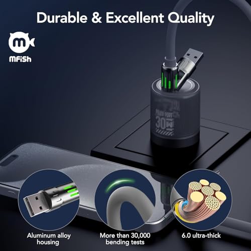 MFish 240W 4-in-1 Fast Charging Cable, Grey, 6.6FT | Carrying Case, USB-A & USB-C to USB-C/Lightning, For iPhone 17/16/15/14, MacBook, iPad, Laptop, Samsung S25/S24 - color: Grey, size: 6.6Ft