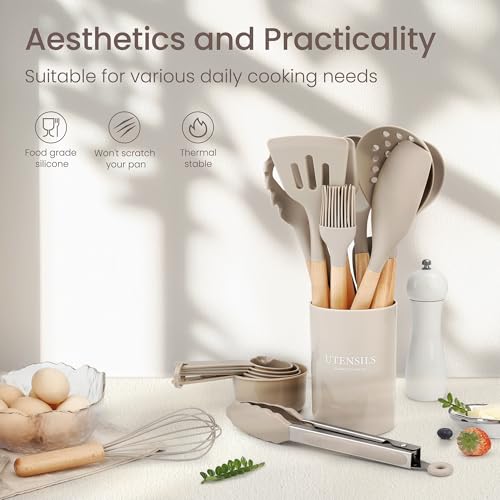 NCUE 26-Piece Food Grade Silicone Kitchen Utensils Set with Wooden Handles - color: Khaki-B, size: 26 Piece
