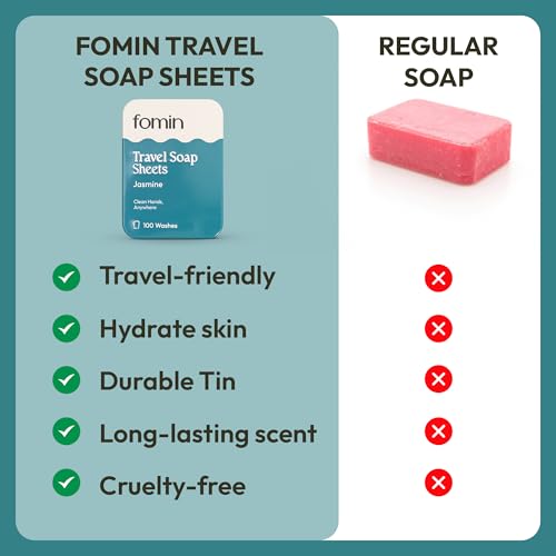 FOMIN - Paper Soap Sheets for Traveling - 300 Jasmine Portable Hand Soap Sheets for Travel in Tin - Dissolvable Mini Portable Travel Soap Sheet for Hand Washing, Camping and Hiking - color: Jasmine (Pack of 3)