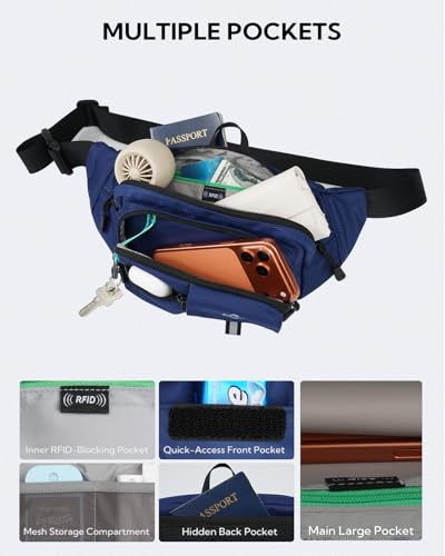 WATERFLY Fanny Pack Waist Bag: 3L Large RFID Anti-Theft with 9 Pockets - color: Navy Blue