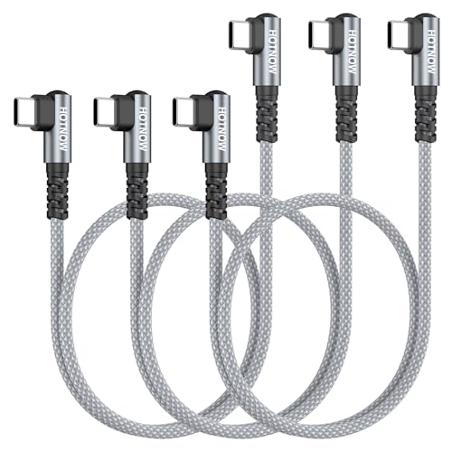 Right Angle USB C to USB C Cable 1.5FT 3Pack 65w | Short 1.5FT braided 90 degree cable 65W fast charging for iPhone 17/16/15, Galaxy S25/S24, and all USB-C devices - color: Grey and White, size: 1.5FT