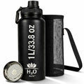 Premium 1 Liter Water Bottle (33.8 oz) with Carrying Case & Strap - Double Wall Vacuum Insulated Stainless Steel Water Bottle - Leakproof Lid, Wide Mouth, BPA-Free, Removable Strainer – Black - color: Black