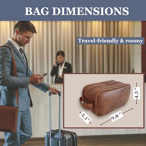 Premium Men’s Toiletry Bag with Drawstring Pouch – Durable Water-Resistant Leather-Look Travel Organizer for Shaving, Grooming & Hygiene Essentials (Light Brown) - color: Light Brown