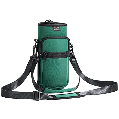 Nuovoware Water Bottle Carrier Bag, 750ml Bottle Pouch Holder, Adjustable Shoulder Hand Strap 2 Pocket Sling Neoprene Sleeve Sports Accessories for Hiking Travelling Camping, Blackish Green - color: Blackish green, size: 25-32 Ounces - Standard