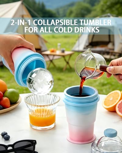 2-in-1 Collapsible Silicone Tumbler & Ice Ball Maker with Straw | Portable, Foldable, Reusable, For Iced Coffee & Juice, Travel & Outdoor Use
