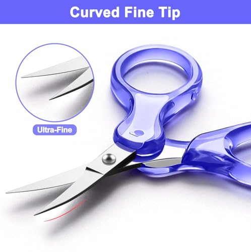 Zicolu 3.5" Small Craft Scissors all Purpose, Straight and Curved Fine Tips for Yarn Fabric Cutting, Mini Scissors with Protective Cover for Sewing, Embroidery, Crochet, Red+Purple, Transparent handle - color: Red+purple(2pcs/Curved+straight Tip)