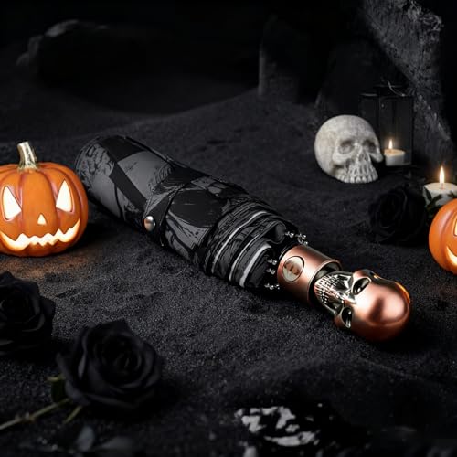 Skull Handle Windproof Travel Umbrella Compact Portable, Auto Open Close | Luxury Gothic Skull Grip with One-Touch Automatic Open, Wind Resistant and Sturdy for Rain, Lightweight to Carry Daily - color: 03.Gothic