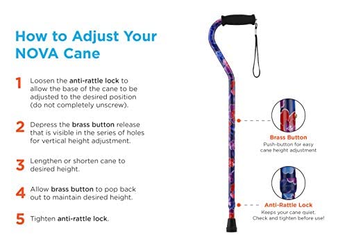 Nova Joy Designer Offset Quad Cane for Seniors - Unisex Adjustable Lightweight Walking Aid with Foam Handle, Wrist Strap and Anti-Rattle Lock - Essential Mobility Support - Maui Flowers - color: Maui Flowers