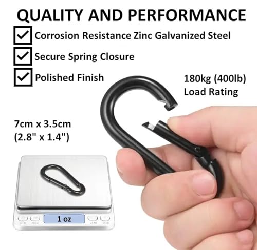 Black & Silver Zinc-Galvanized Heavy Duty Bushcraft Carabiner Spring Snap Clip Link Hooks 200-500lb Load 2, 6 & 12 Packs - color: 7cm (2.8in) Black 6 Pack