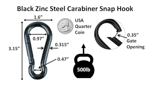 Black & Silver Zinc-Galvanized Heavy Duty Bushcraft Carabiner Spring Snap Clip Link Hooks 200-500lb Load 2, 6 & 12 Packs - color: 8cm (3.15in) Black 2 Pack